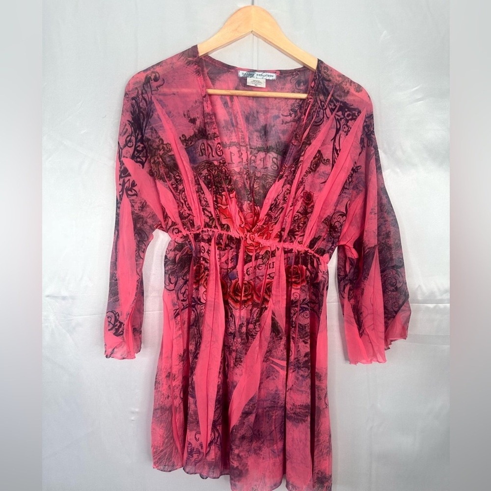 Daniel Benjamin Sheer Pink Graphic Rose Tunic Top Y2K Empire Waist XL